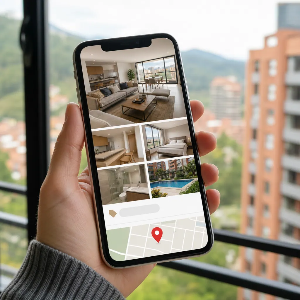 Teléfono mostrando un anuncio de propiedad con fotos de calidad y precio claro en Colombia Move