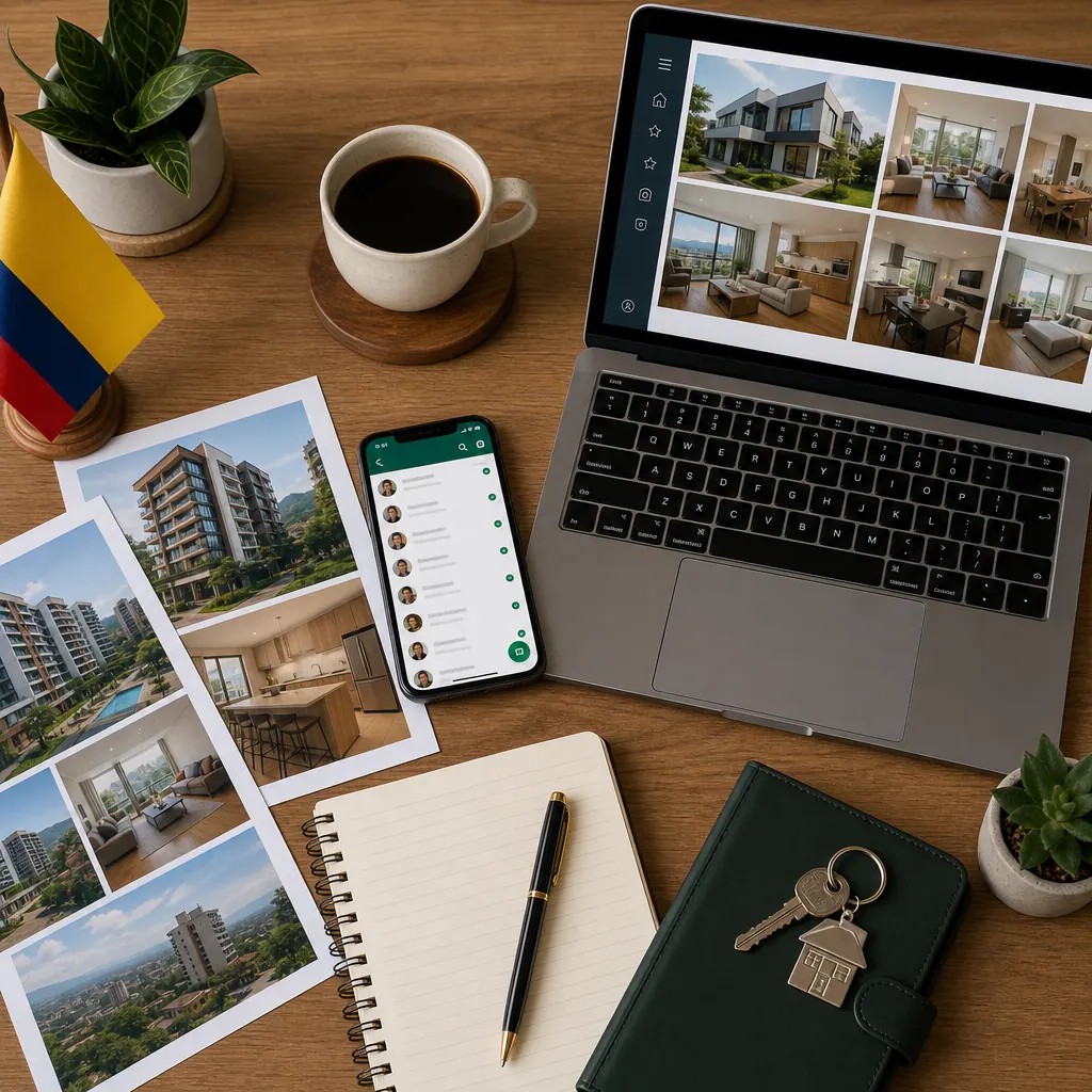 Real estate agent workspace with property photos, smartphone showing WhatsApp contacts, and laptop with multiple listings open
