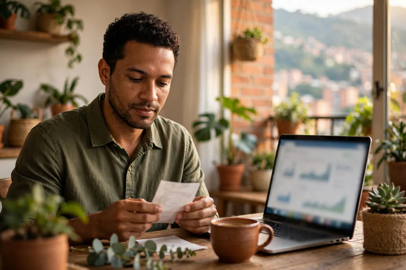 Man in a sunlit apartment reviews a bank transfer receipt at a wooden table beside a laptop and coffee cup