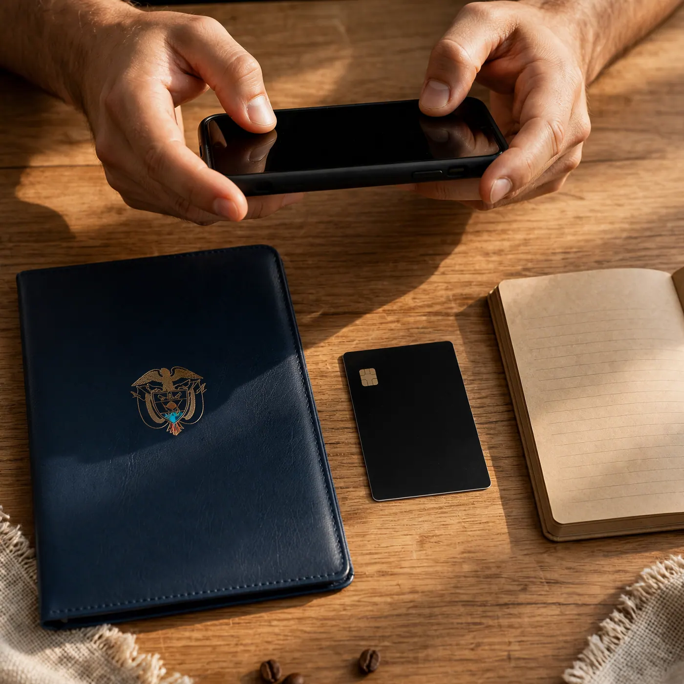 Hands holding a smartphone above a closed ID folder, a blank bank card, and an open notebook on a wooden desk