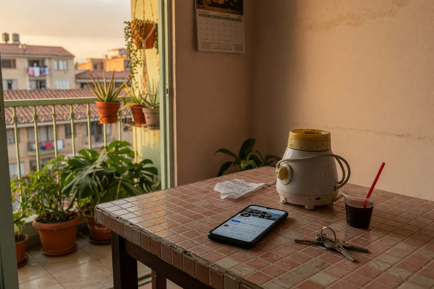 A buyer at a tiled kitchen table in a Colombian apartment reviewing a seller profile on a phone next to a used item