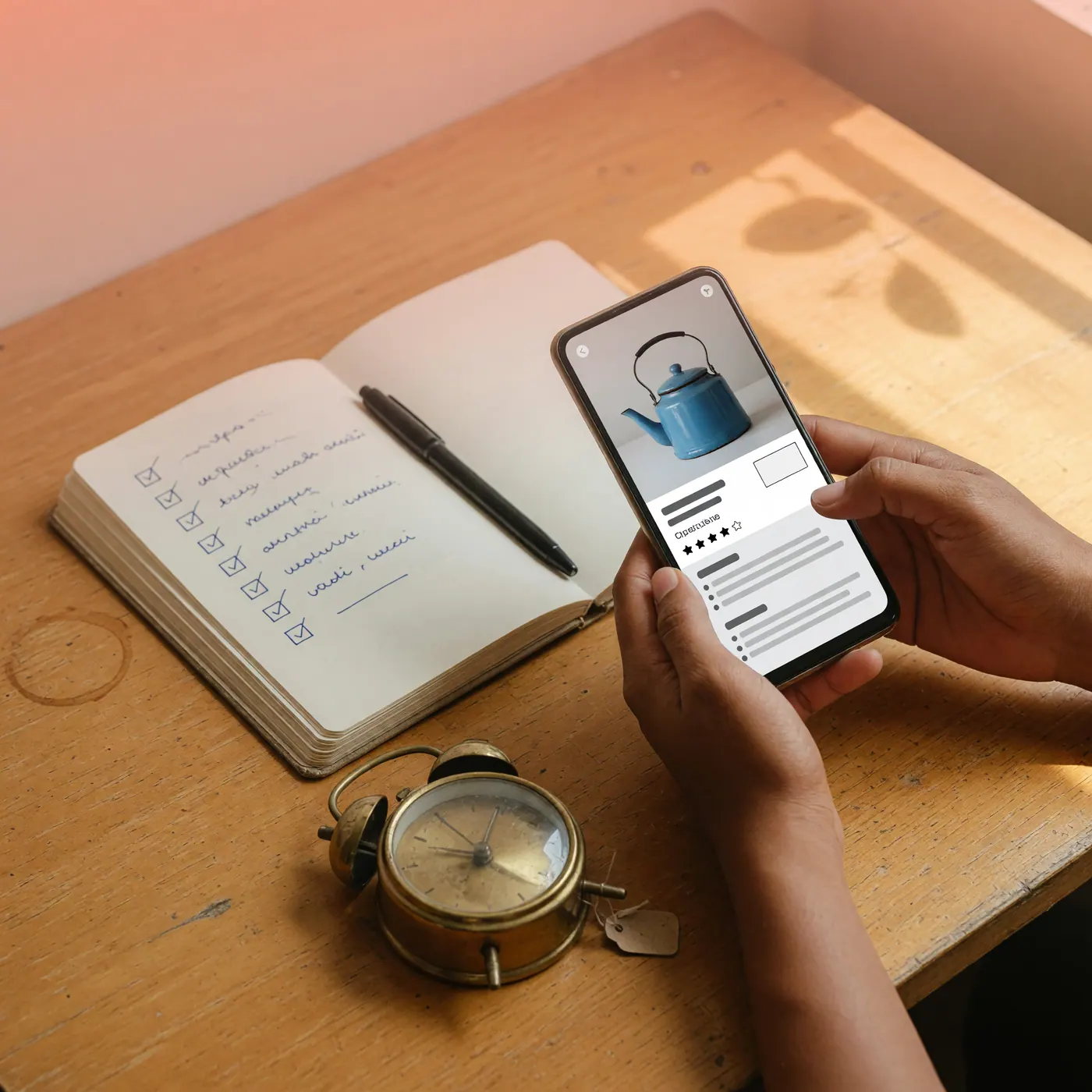 Hands holding a phone showing a marketplace profile next to a notebook checklist and a used item being inspected on a wooden table