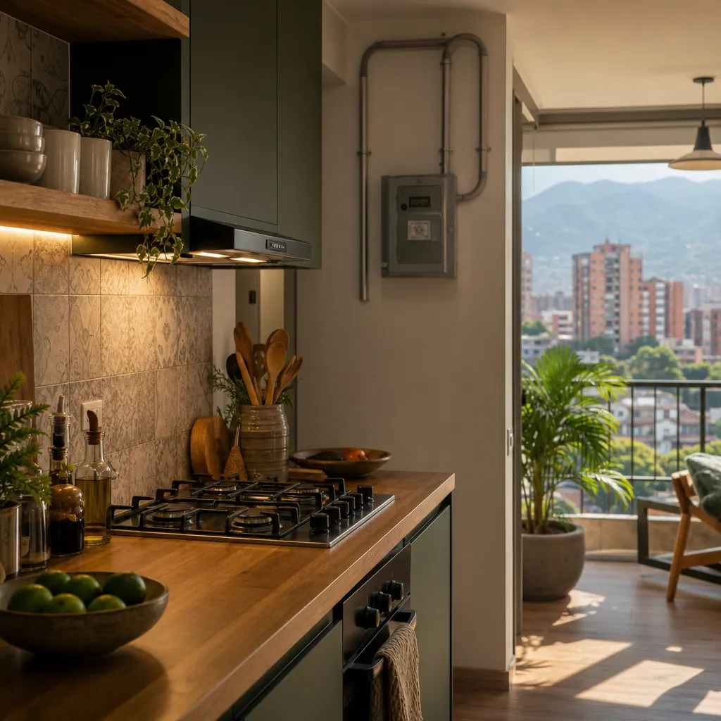 Modern apartment kitchen in Colombia with gas stove and warm natural lighting