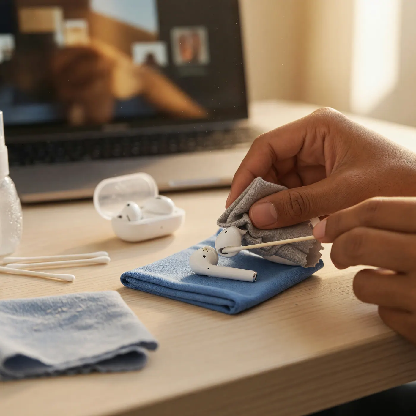 Persona limpiando un audífono inalámbrico blanco con paño de microfibra antes de venderlo