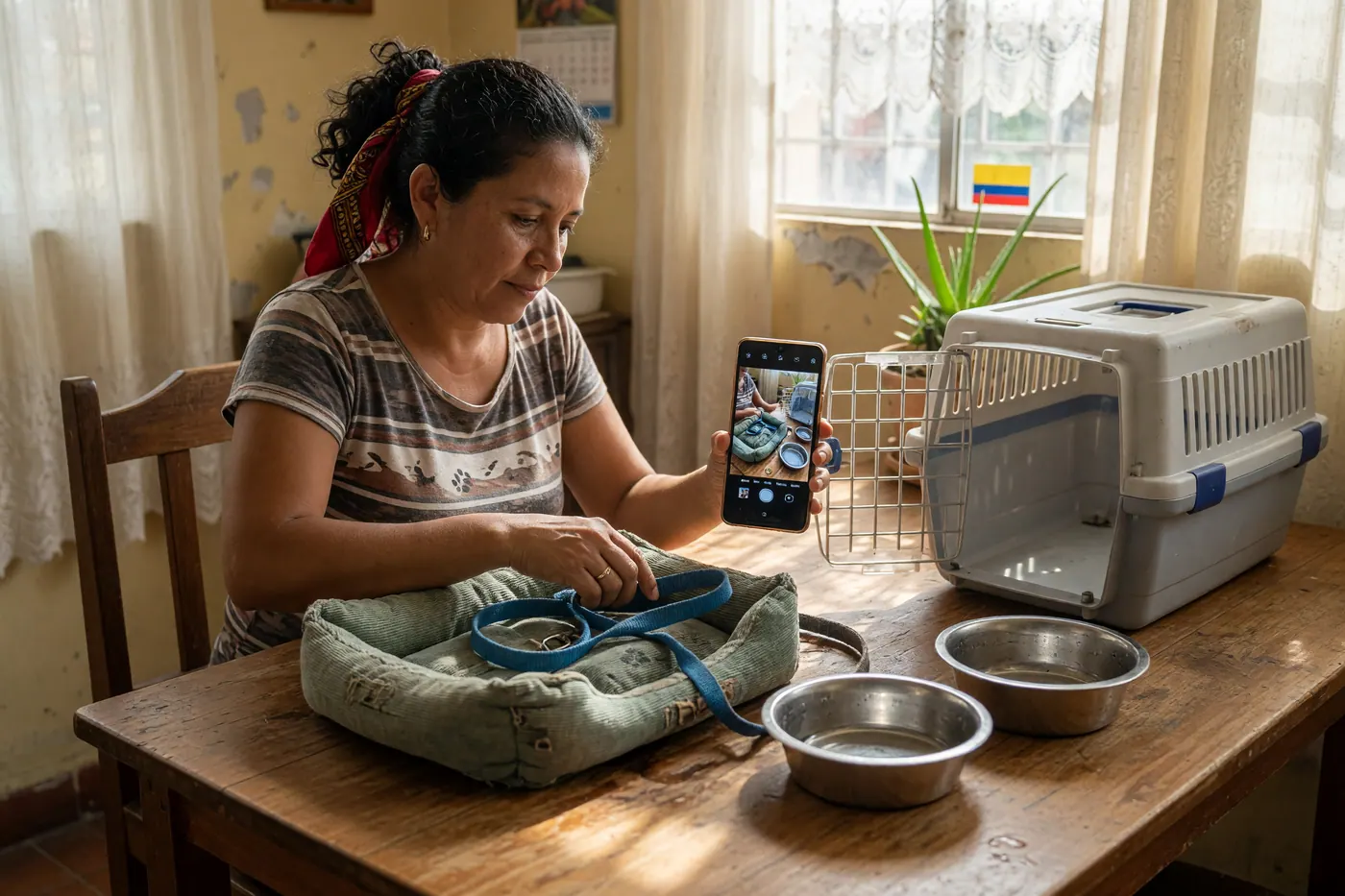 Vendedor en Colombia organizando accesorios para mascotas (correa, cama, guacal y platos) junto a un celular para tomar la foto del anuncio