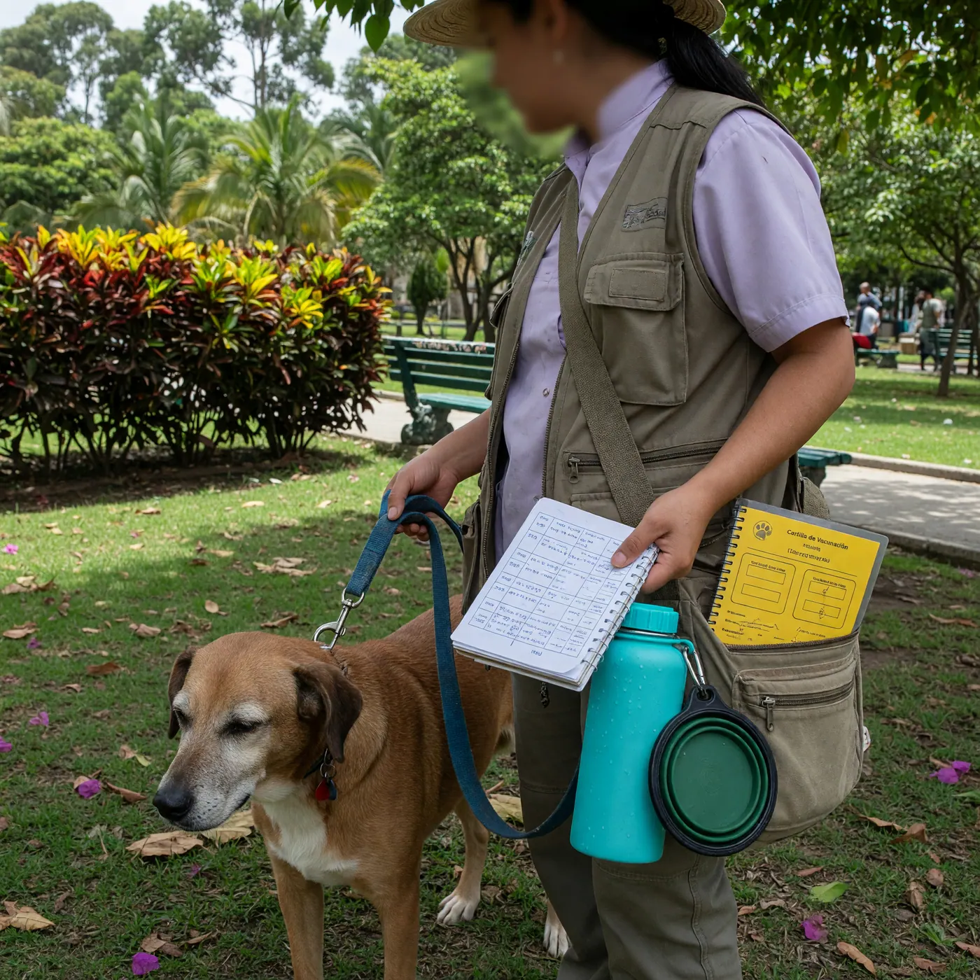 Cuidador de mascotas en un parque en Colombia con correa, libreta de horarios, agua y carné de vacunas listo para un servicio de paseo