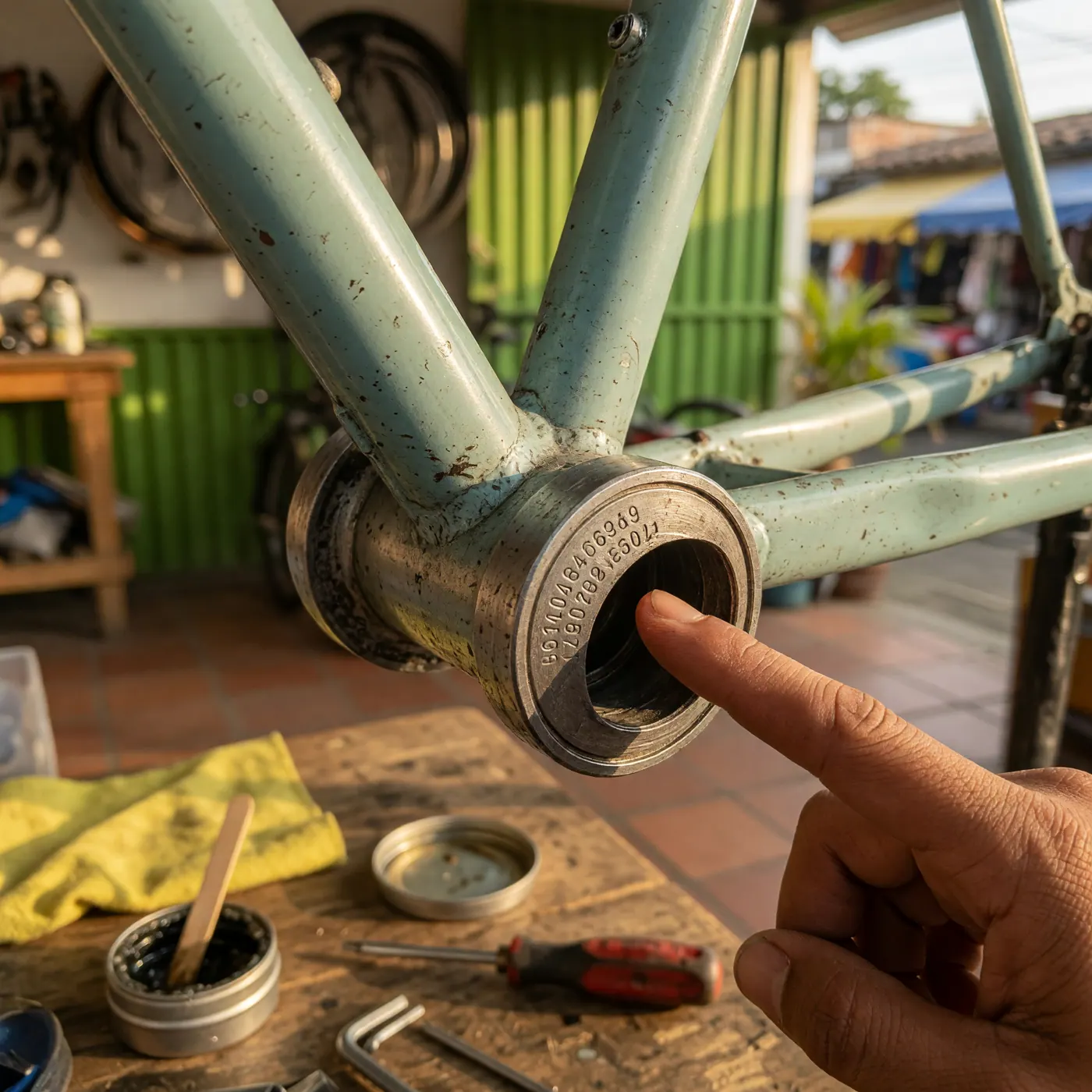 Primer plano del número de serie grabado bajo el marco de una bicicleta