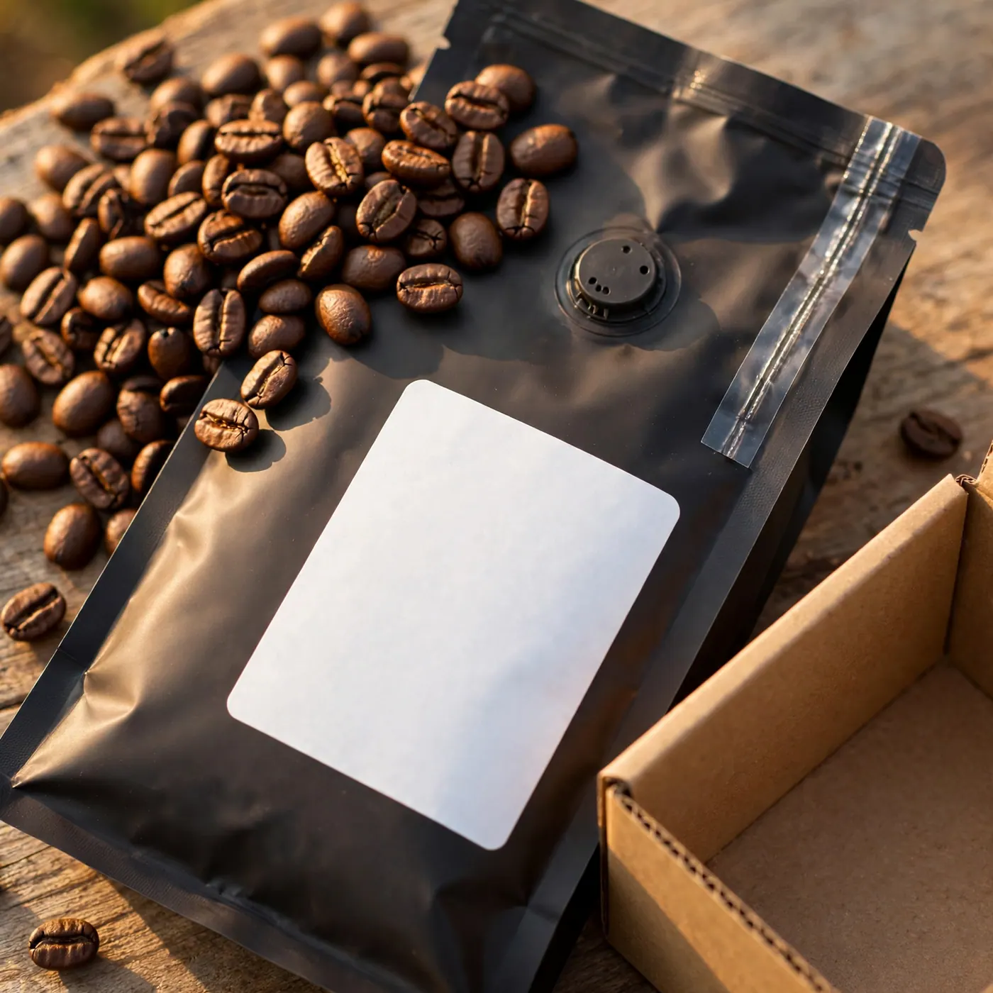 Granos de café tostado junto a una bolsa sellada con válvula y una caja de cartón lista para encomienda