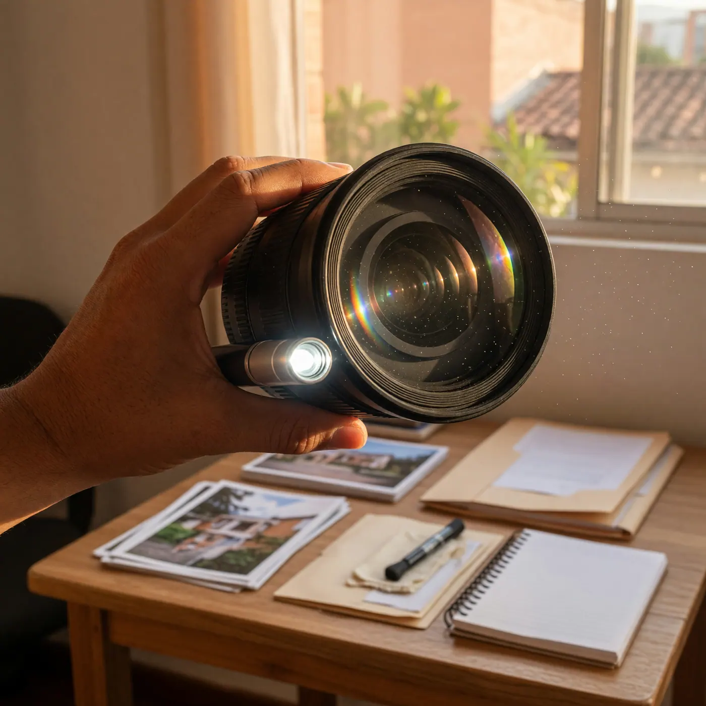 Mano sosteniendo un lente de cámara frente a una linterna para inspeccionar el estado del cristal interno.