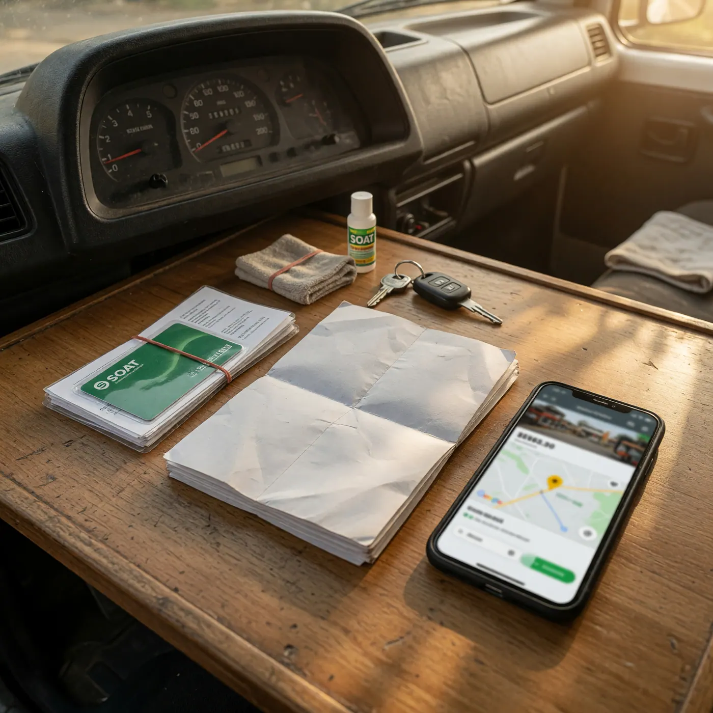 Tablero de camioneta usada mostrando el kilometraje, documentos de vehículo y celular con anuncio activo