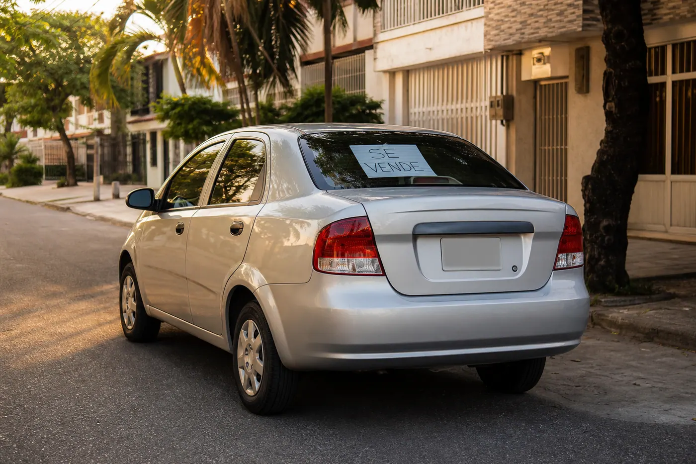 Carro usado colombiano con cartel 'Se Vende' en la ventana trasera, estacionado en calle residencial
