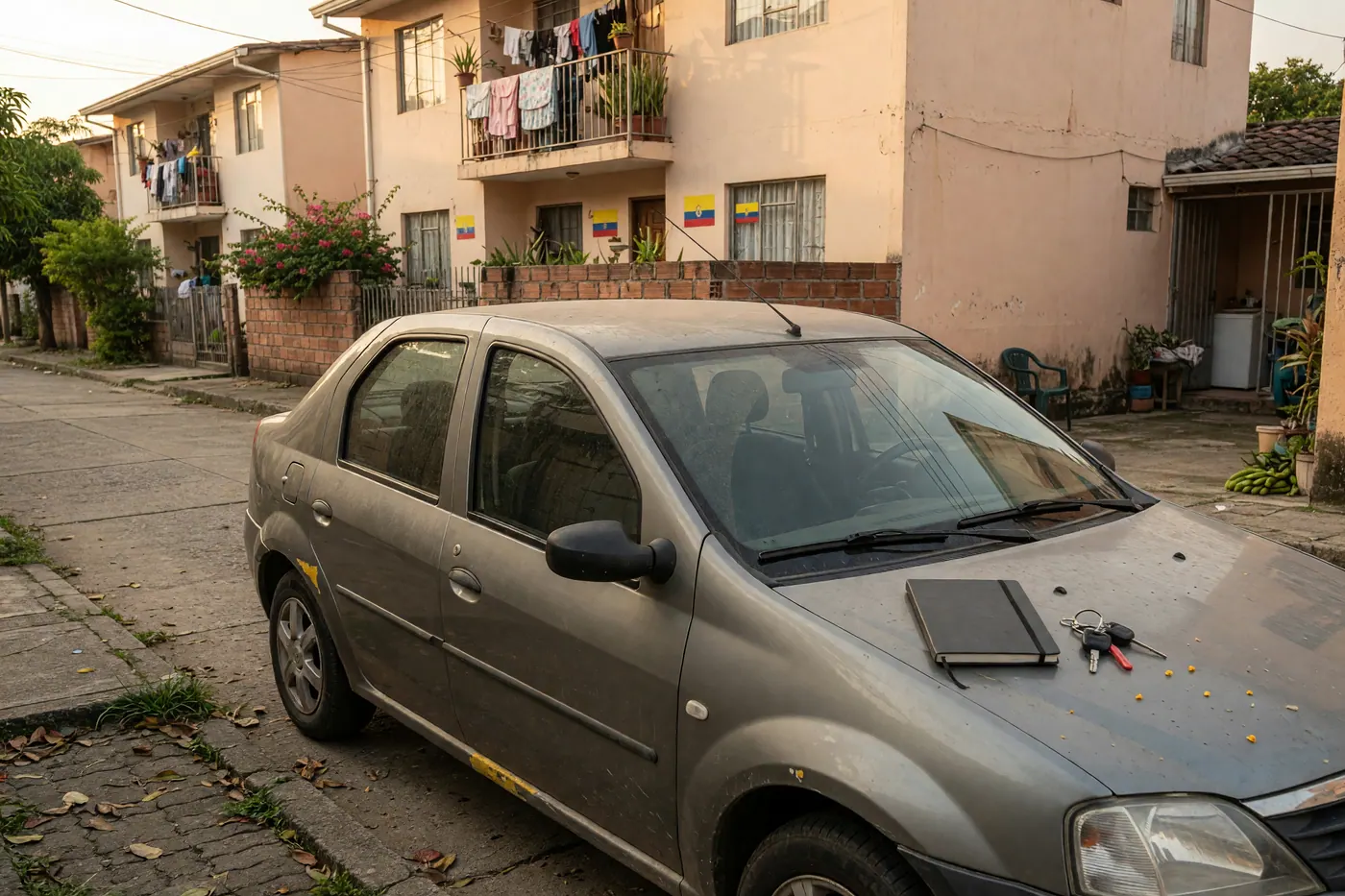 Carro usado de gama media con libreta cerrada y llaves en una calle residencial colombiana