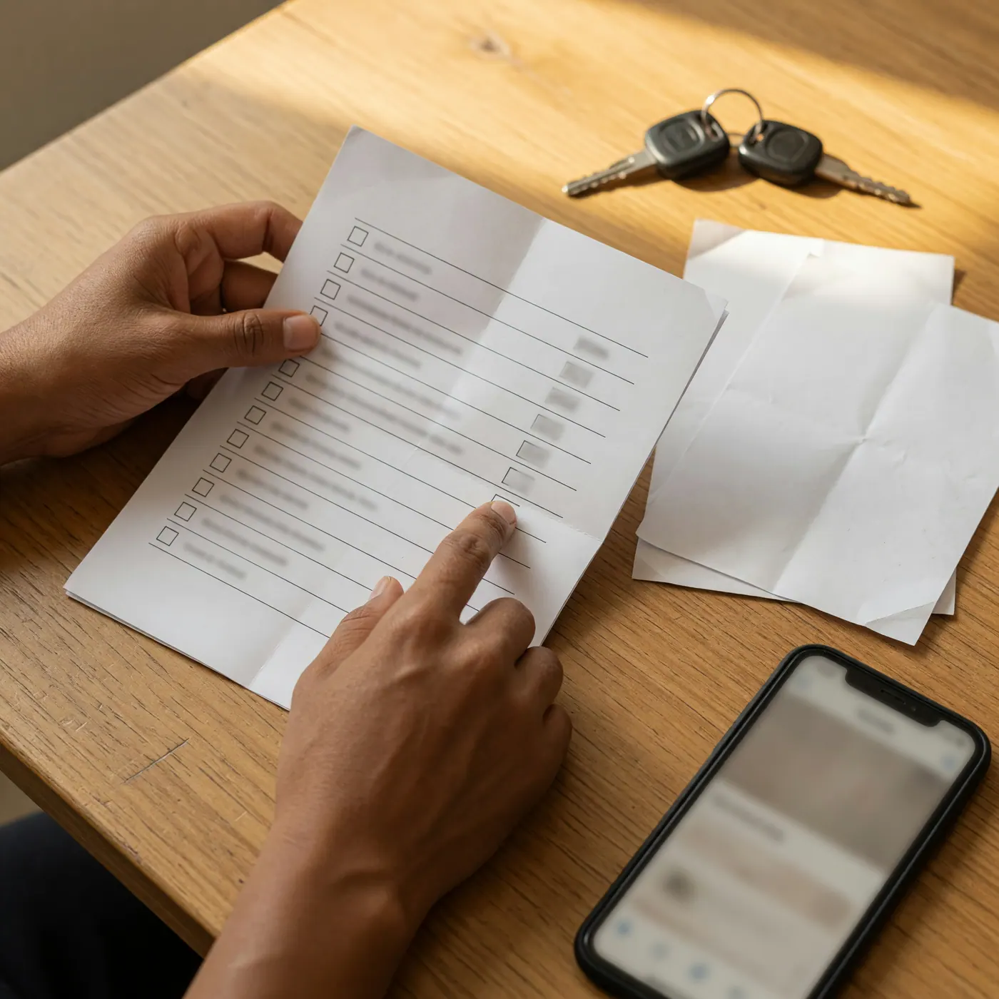 Manos revisando una lista de verificación junto a llaves, papeles sin datos y un celular