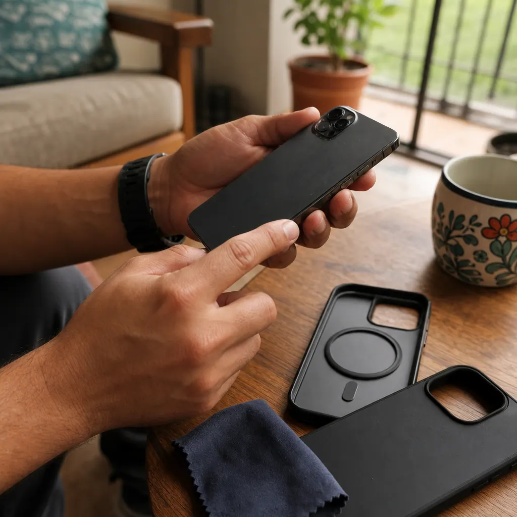 Persona revisando el IMEI y la salud de batería de un celular usado en Colombia antes de venderlo