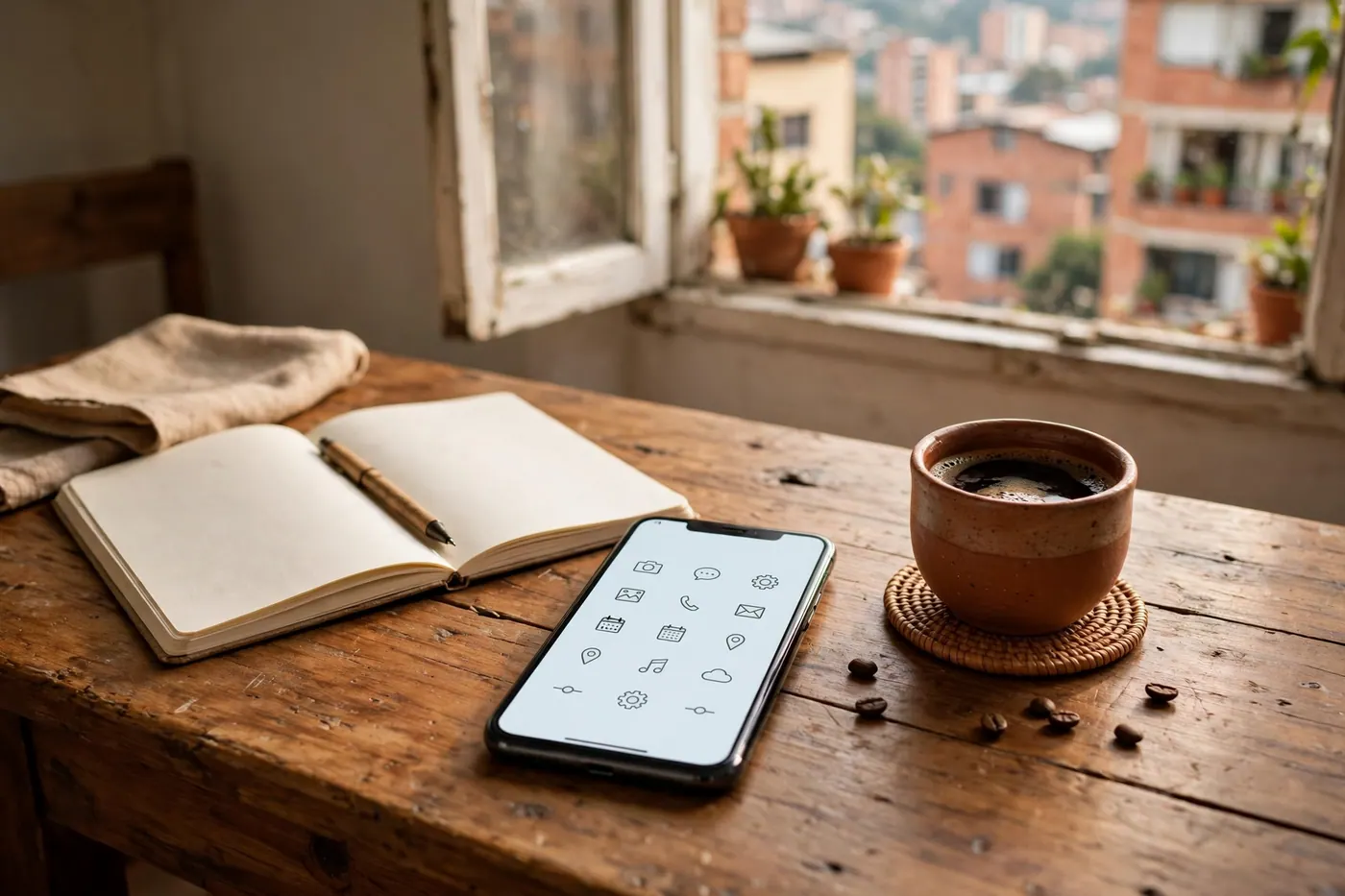 Teléfono sobre escritorio de madera con libreta, taza de café y ventana a edificios de ladrillo