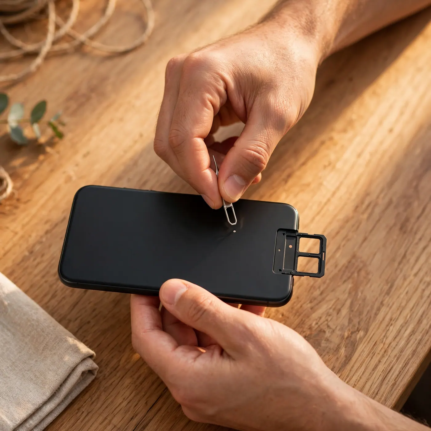 Manos abriendo la bandeja Dual SIM de un celular con una llave extractora sobre mesa de trabajo