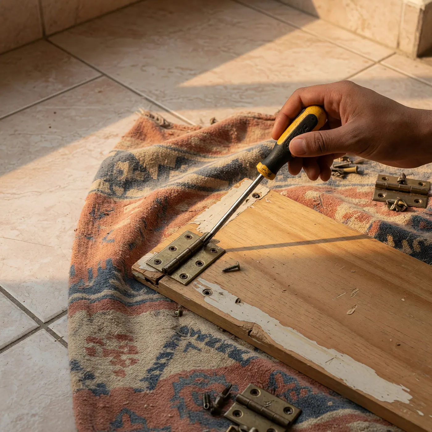 Primer plano de un clóset modular de madera desarmado con herramientas y herrajes metálicos sobre una cobija protectora.
