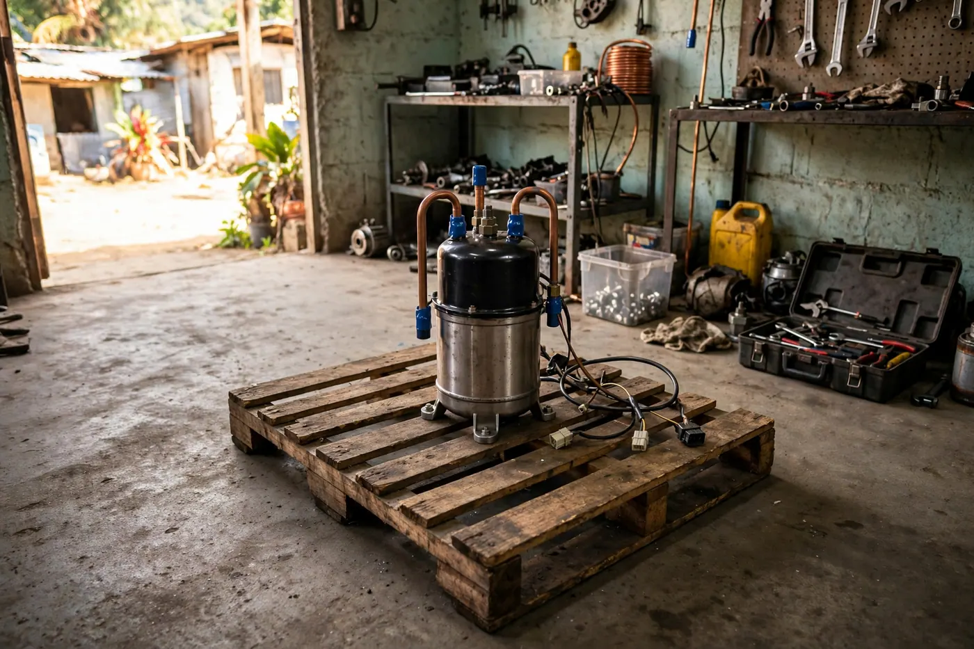 Compresor scroll hermético sobre una estiba de madera en un taller de piso de concreto, con los tubos de cobre tapados