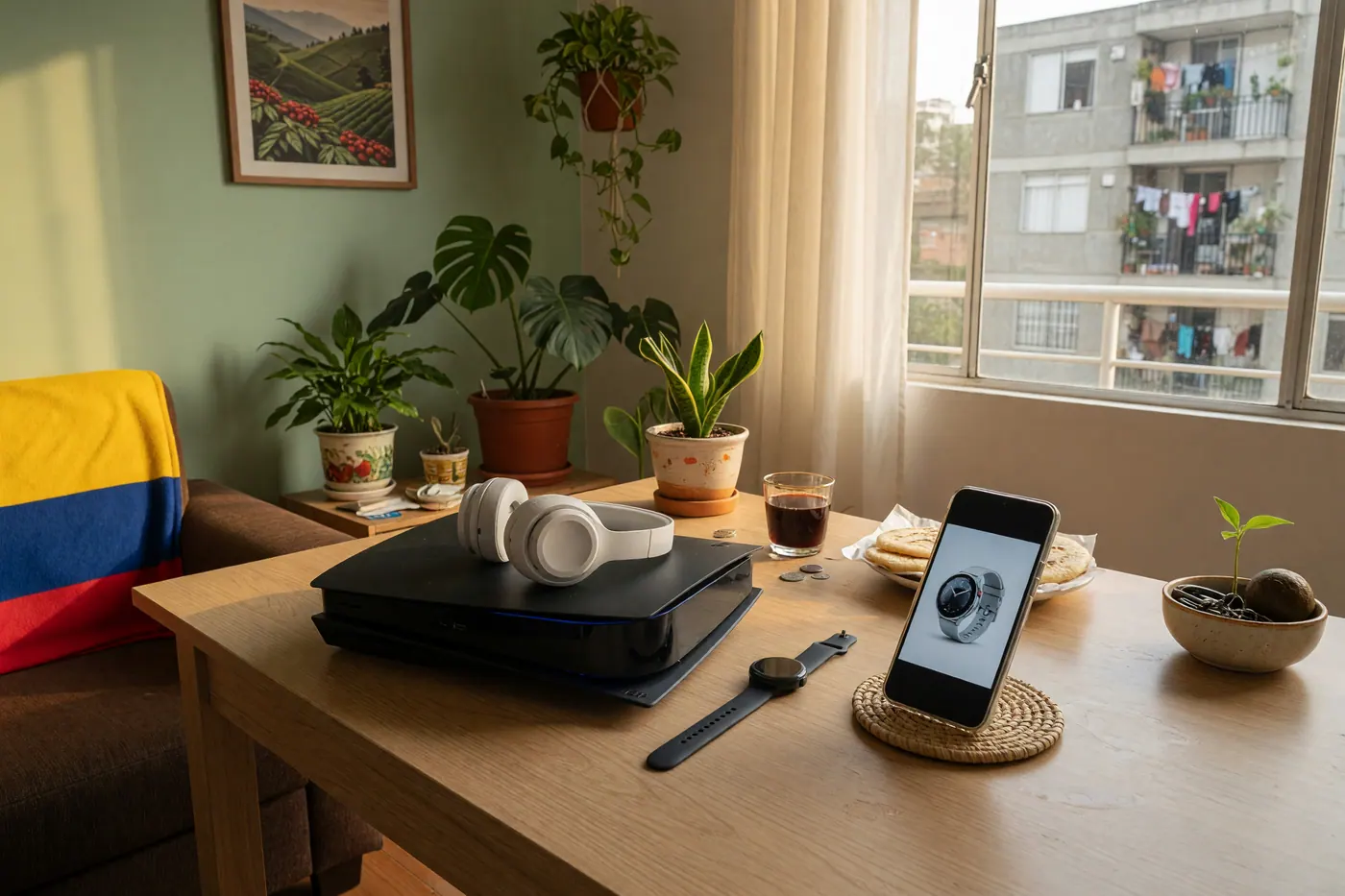 Consola de videojuegos, audífonos inalámbricos, reloj inteligente y teléfono sobre una mesa con luz natural