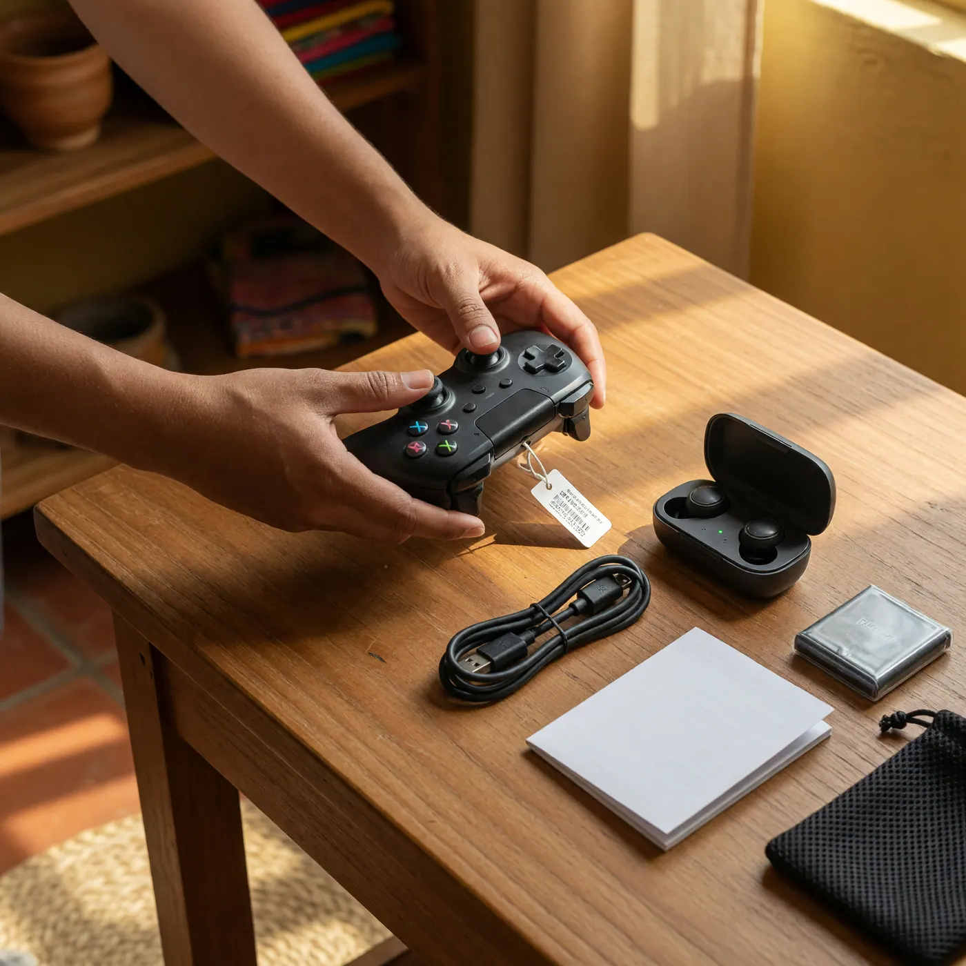 Manos revisando un control de videojuegos junto a audífonos inalámbricos y cables sobre una mesa de madera