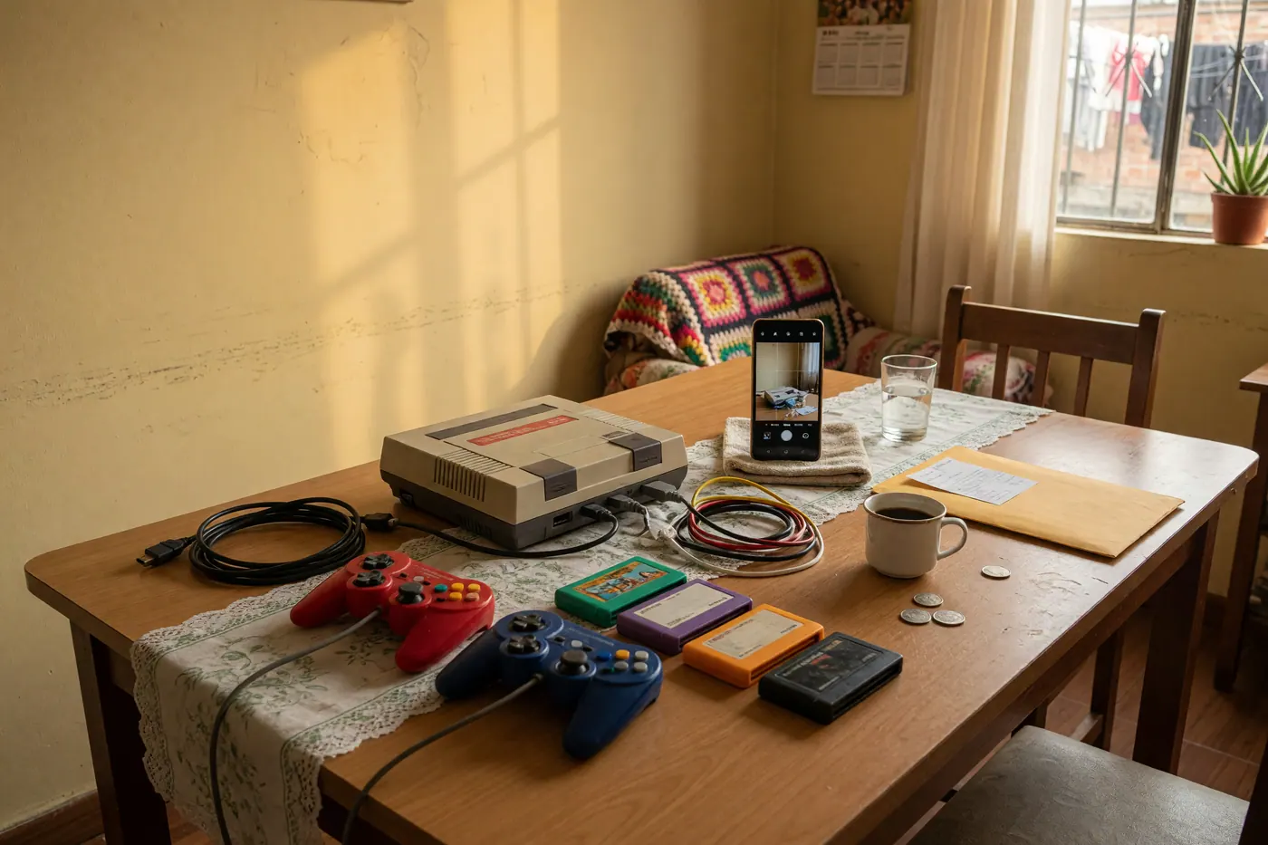 Consola retro con controles, cartuchos y cables sobre una mesa mientras un celular toma fotos