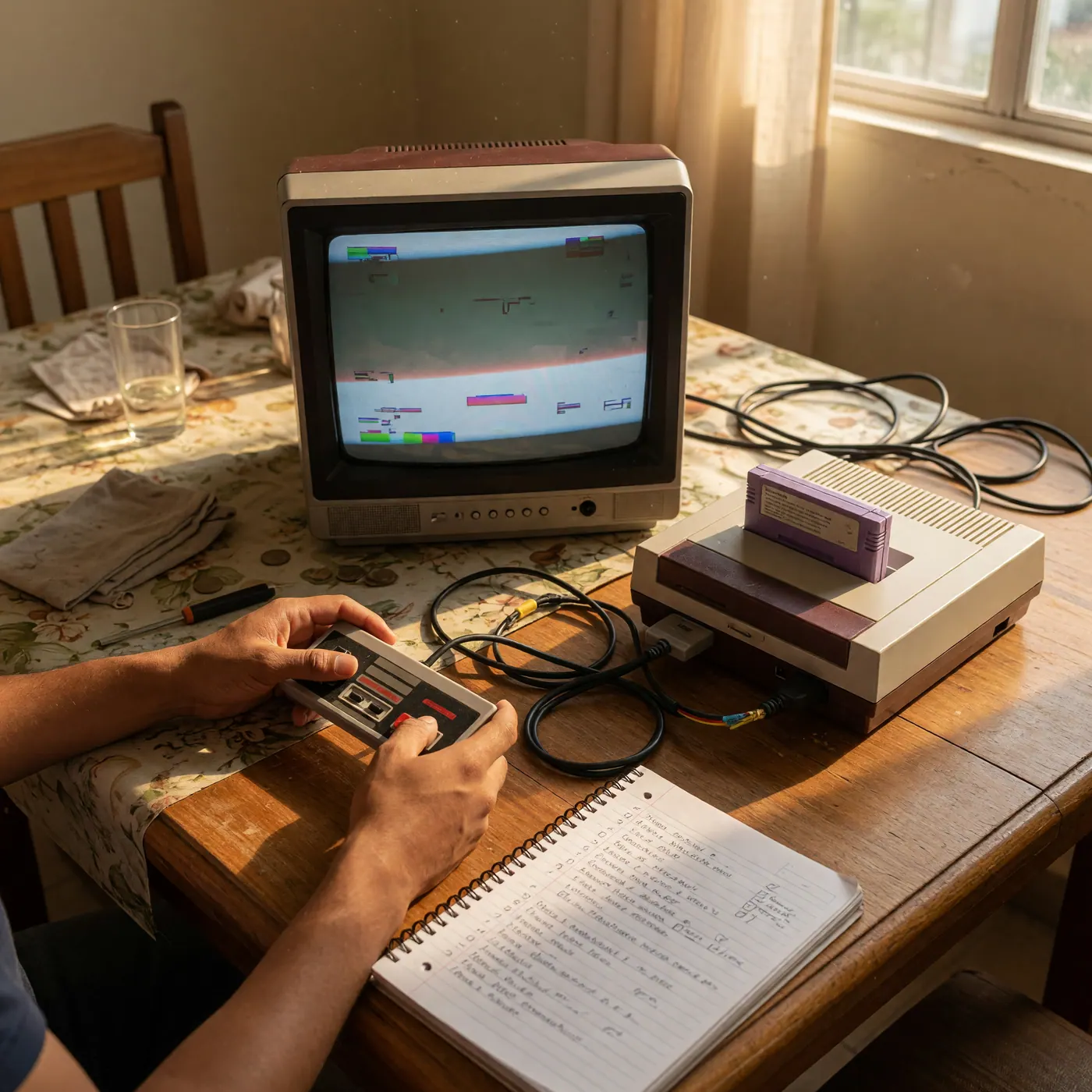 Manos probando una consola retro con control, cartucho, cables y televisor