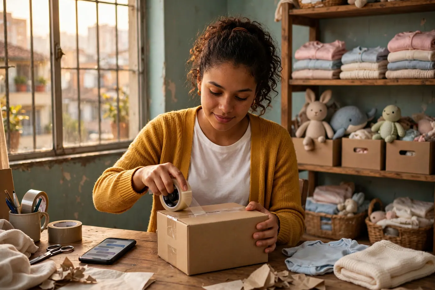 Vendedora sella con cinta una caja de cartón en su mesa de trabajo, junto a un celular y estantes con ropa y juguetes de bebé listos para enviar.