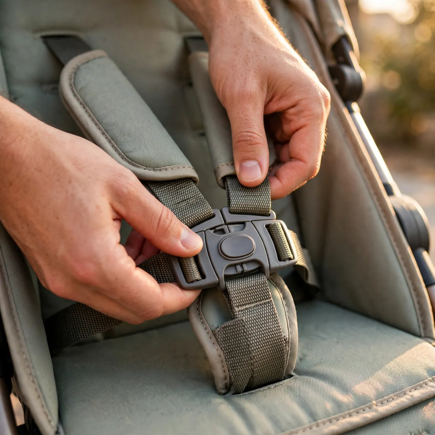 Manos de un adulto ajustando el broche de un arnés de cinco puntos en el asiento de un coche de bebé color verde sage.