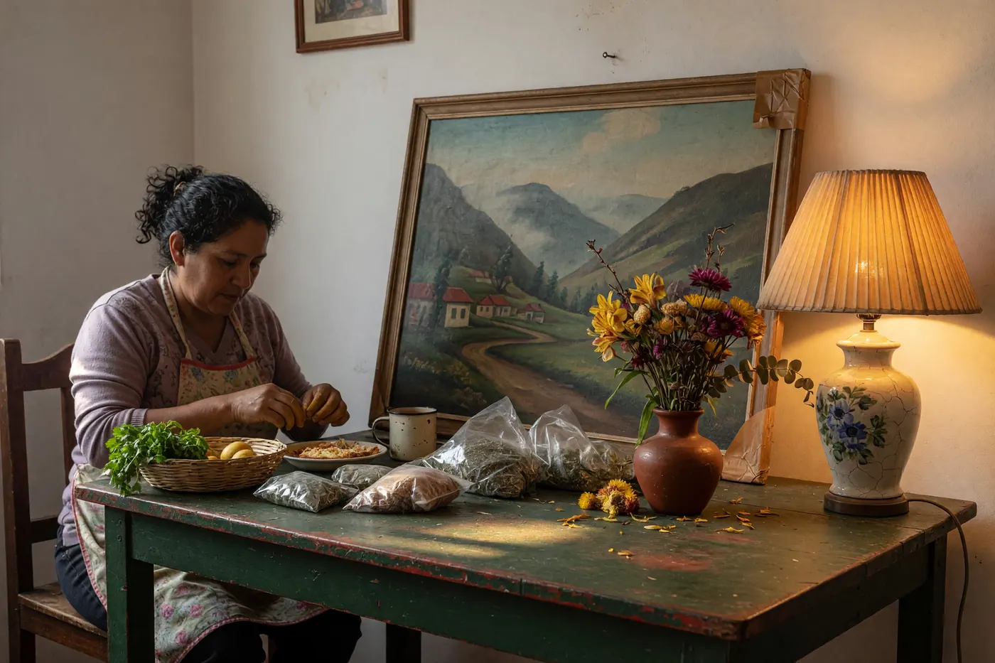 Lámpara de mesa encendida y jarrón de arcilla sobre una mesa de madera rústica en un apartamento de Bogotá