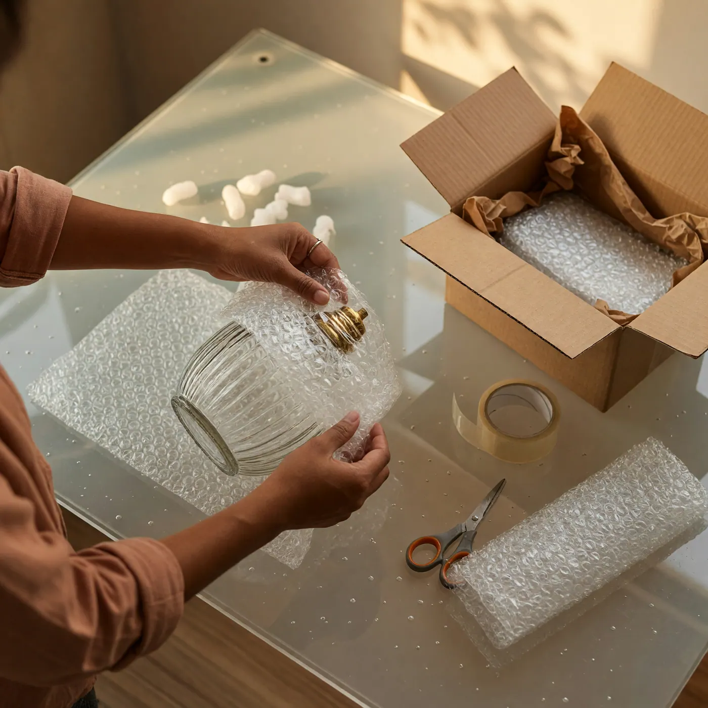 Persona envolviendo una lámpara de vidrio con plástico de burbujas para su envío