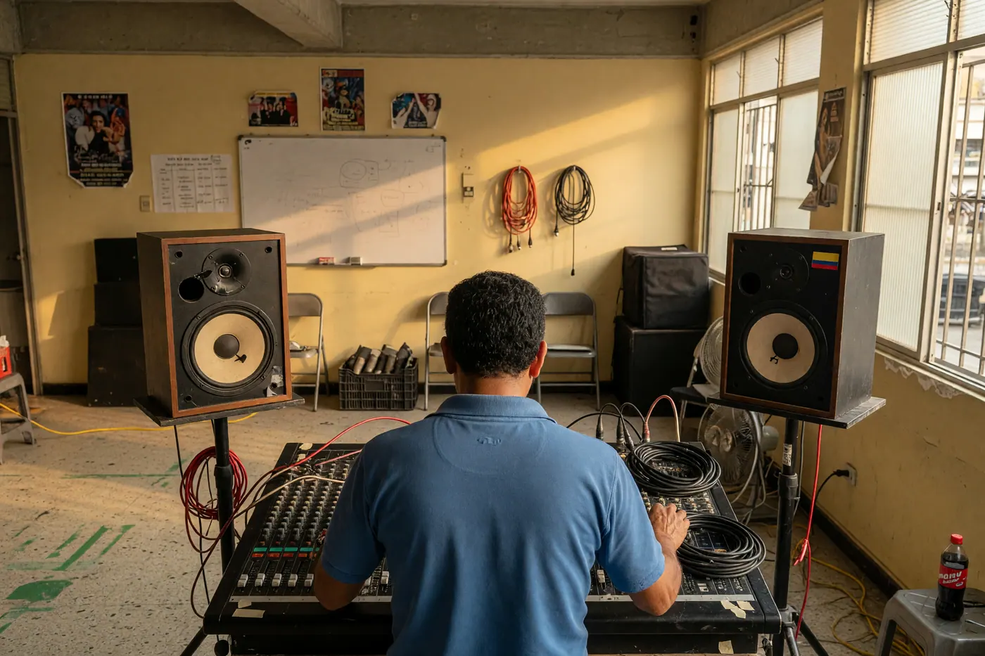 Técnico de sonido probando una consola de mezcla y dos bafles en un estudio de Colombia