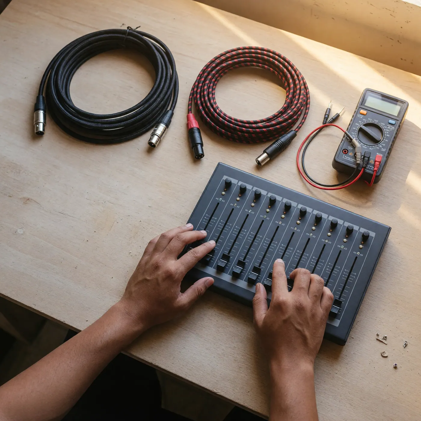 Manos ajustando una consola de mezcla junto a un multímetro y cables de audio