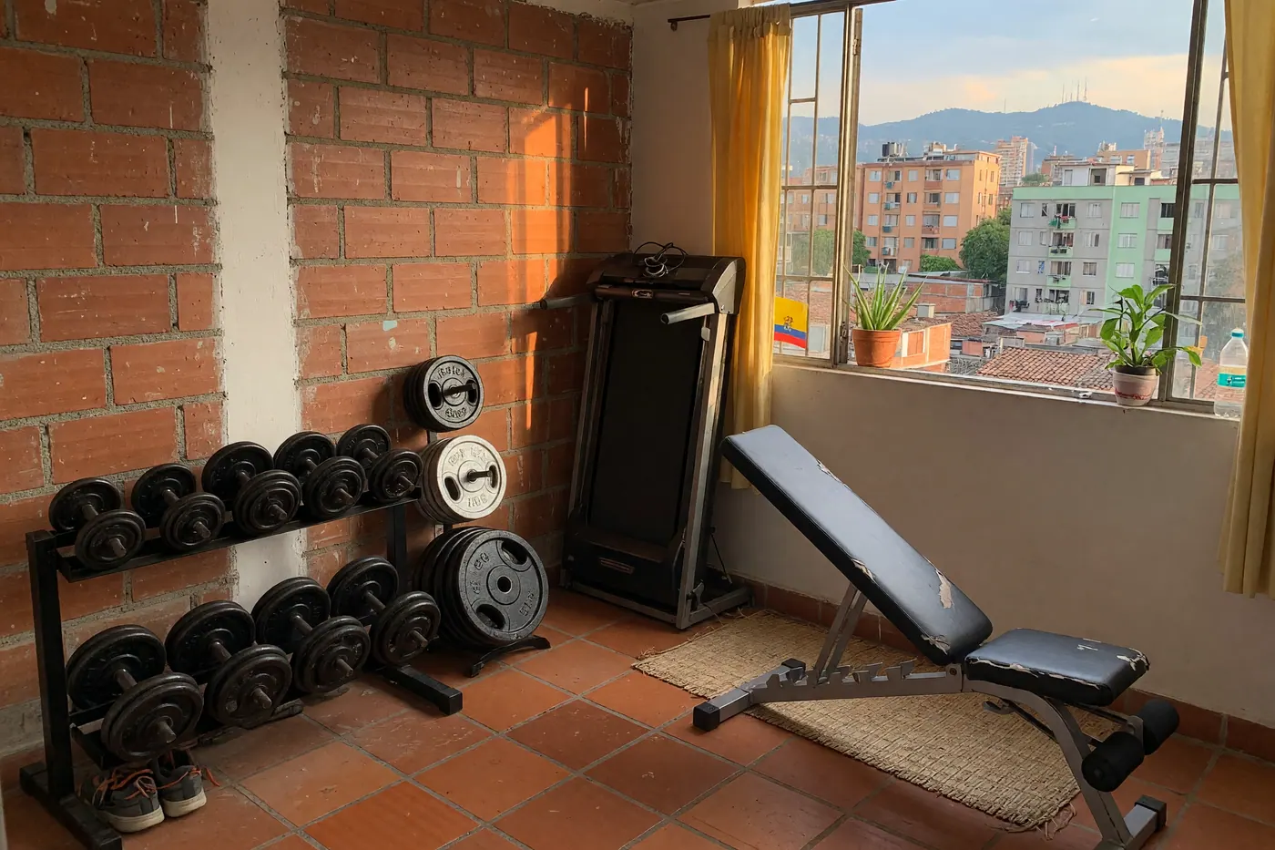 Gimnasio casero con banca inclinada, mancuernas, discos y caminadora plegada junto a una ventana con vista a edificios de ladrillo