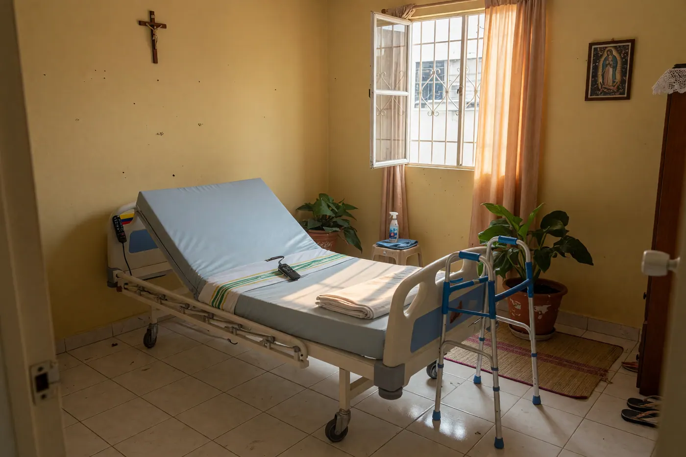Cama hospitalaria limpia y ajustada en habitación iluminada en Colombia