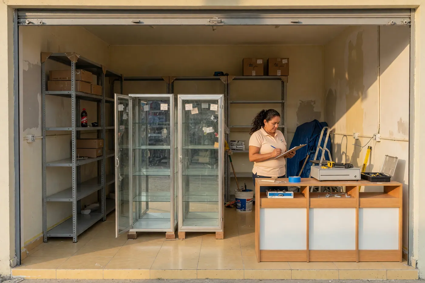 Estanterías metálicas y vitrinas comerciales de exhibición listas para venta en un local comercial en Colombia