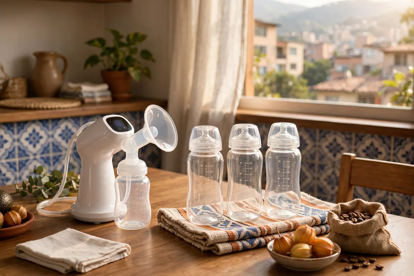 Extractor de leche eléctrico limpio junto a biberones transparentes sobre una mesa de comedor con luz natural.