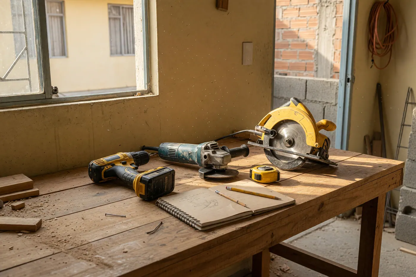 Herramientas eléctricas usadas sobre banco de trabajo en taller de construcción en Colombia