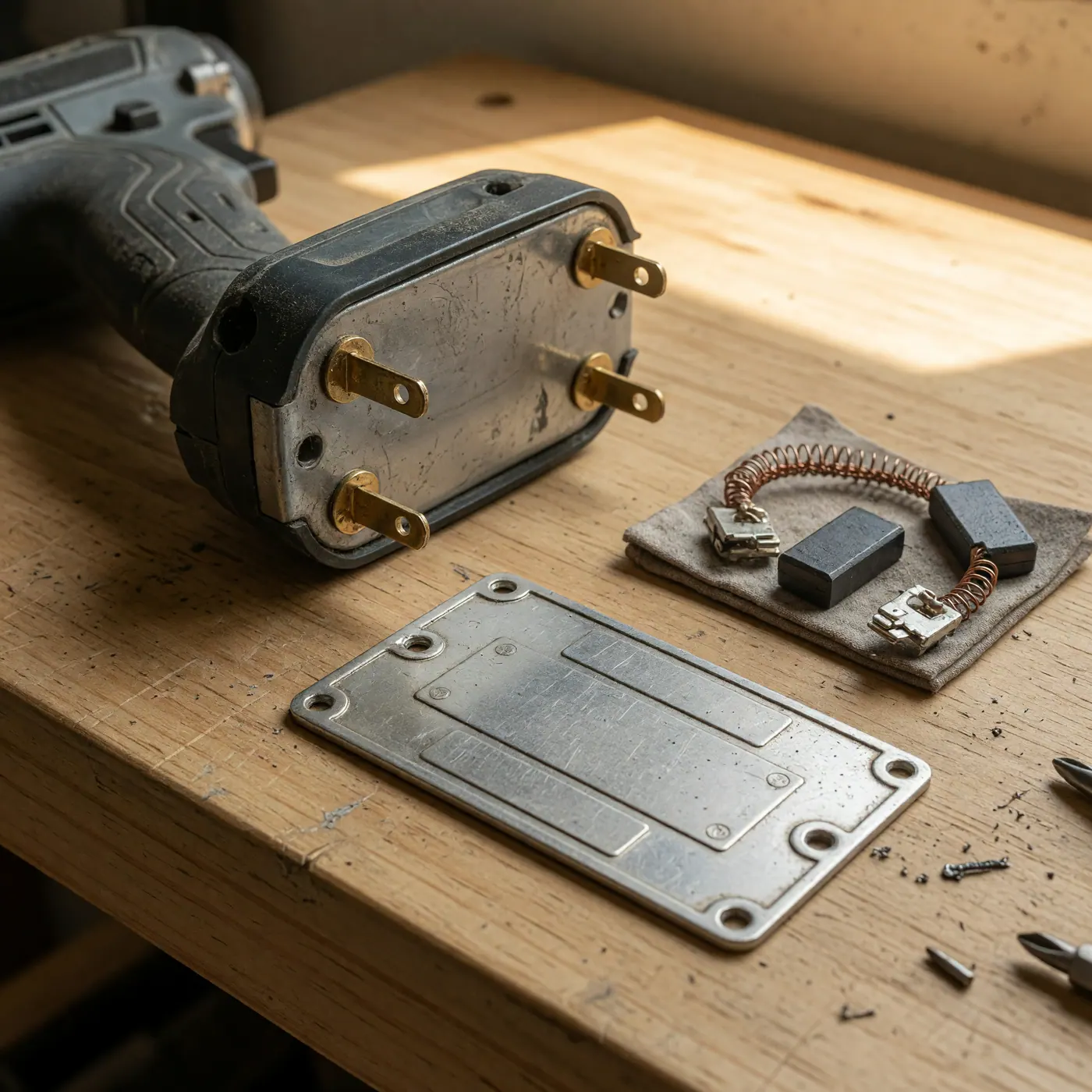 Detalle de placa técnica y carbones de taladro eléctrico usado sobre un banco de madera