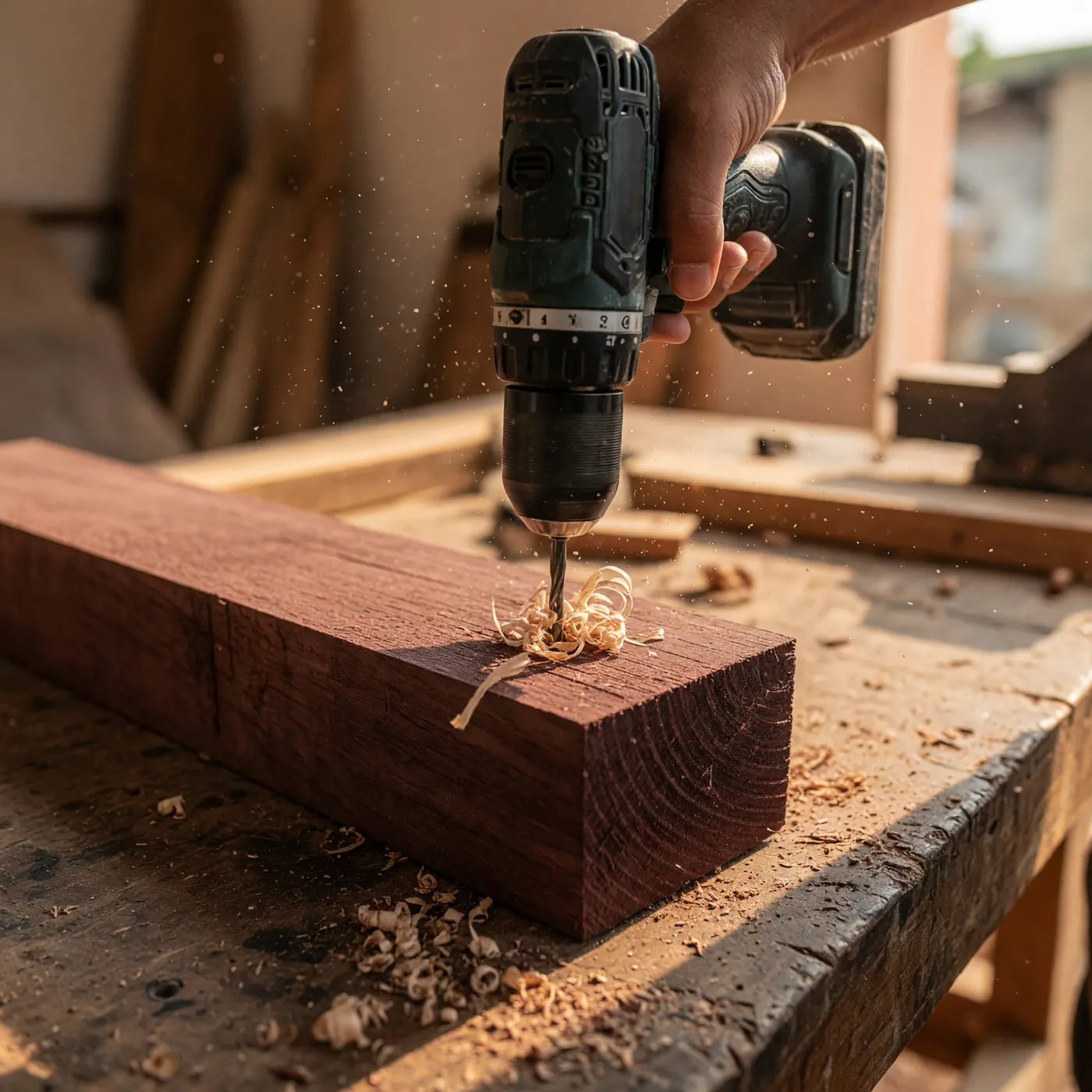 Mano sosteniendo un taladro inalámbrico mientras perfora una pieza de madera sobre un banco de trabajo.