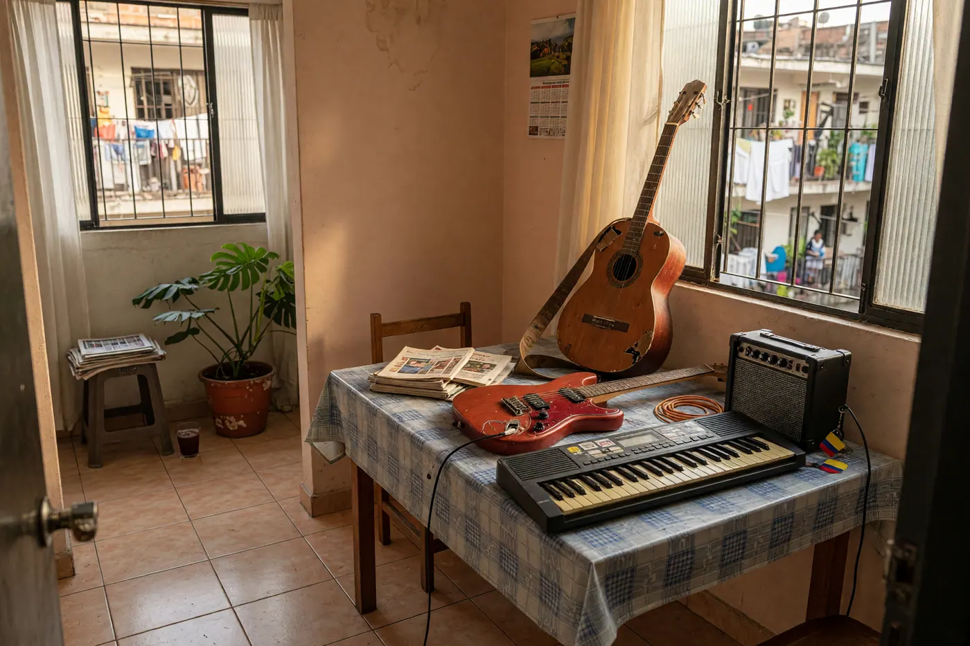 Guitarras acústica y eléctrica, teclado y amplificador usados listos para vender sobre una mesa de apartamento colombiano con luz natural