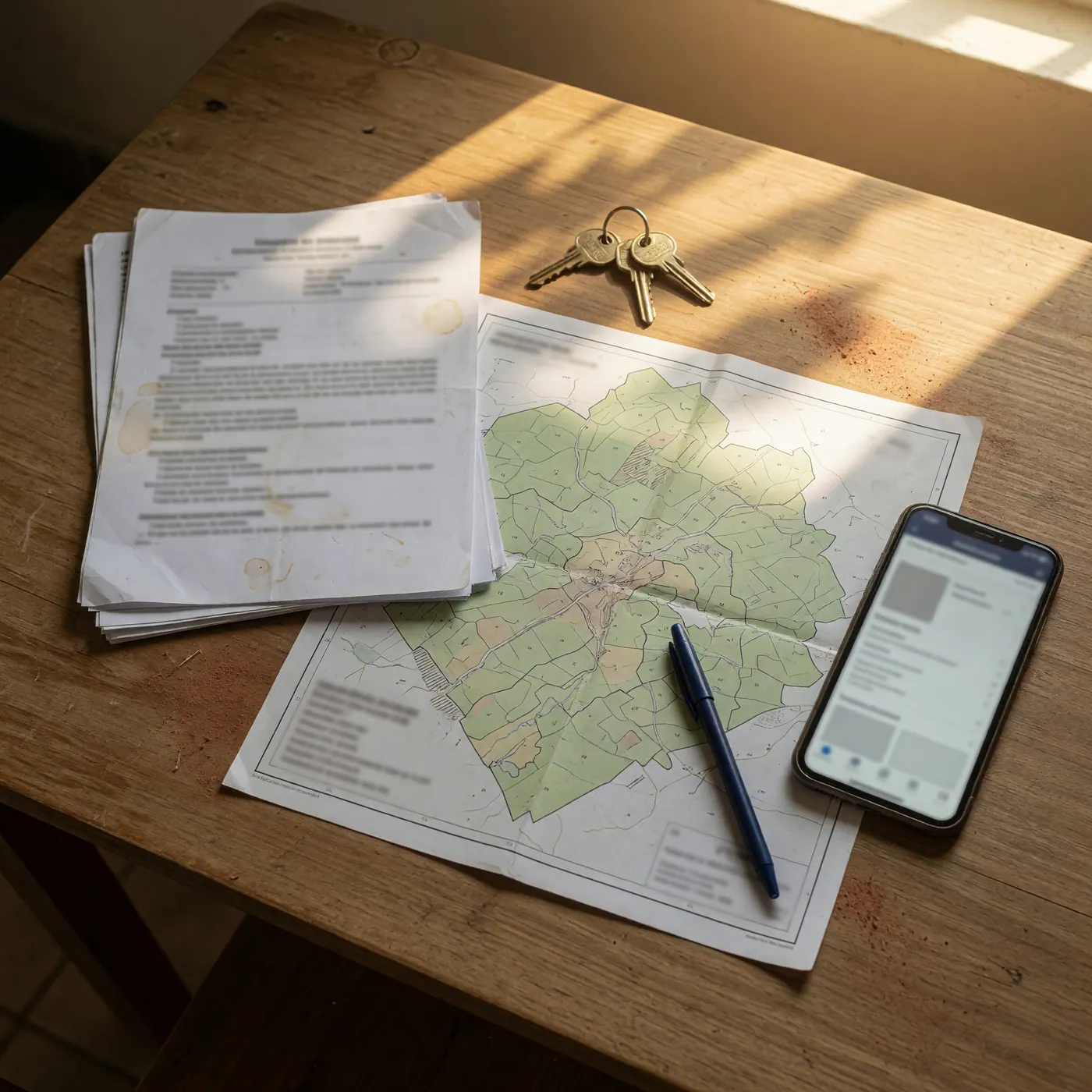 Documentos, mapa predial, llaves, bolígrafo y celular preparados sobre una mesa
