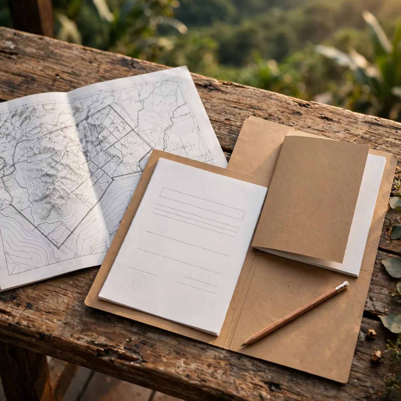 Plano topográfico, carpeta de documentos y lápiz sobre una mesa de madera en terraza campestre