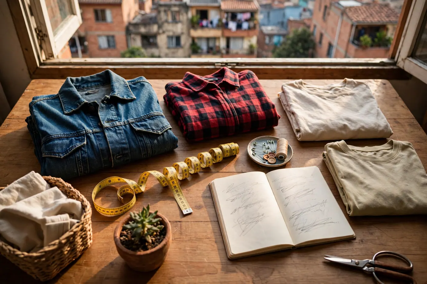 Mesa de madera junto a una ventana con ropa usada doblada, cinta métrica, cuaderno abierto, tijeras y una vista de edificios de ladrillo