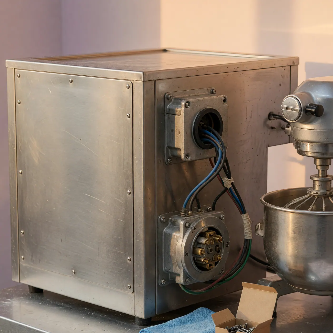 Detalle de conexiones eléctricas de una máquina industrial junto a una mezcladora de acero inoxidable.