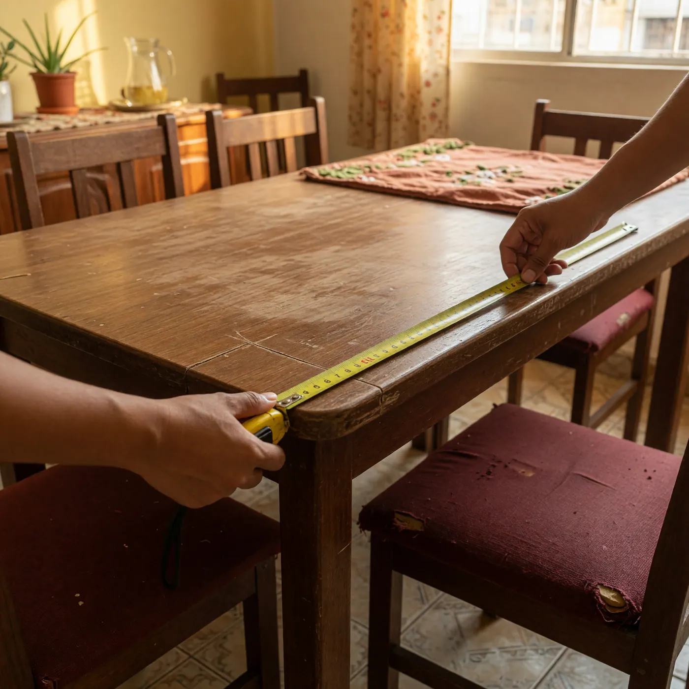 Cinta métrica sobre una mesa de comedor usada con rayones visibles y sillas de tela desgastada.