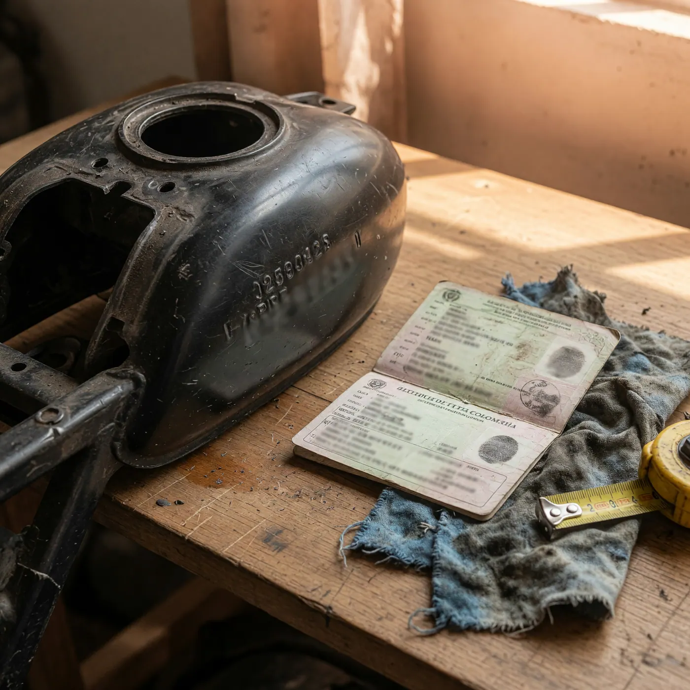 Primer plano de un número grabado en el tanque junto a un documento de propiedad borroso sobre un banco de taller
