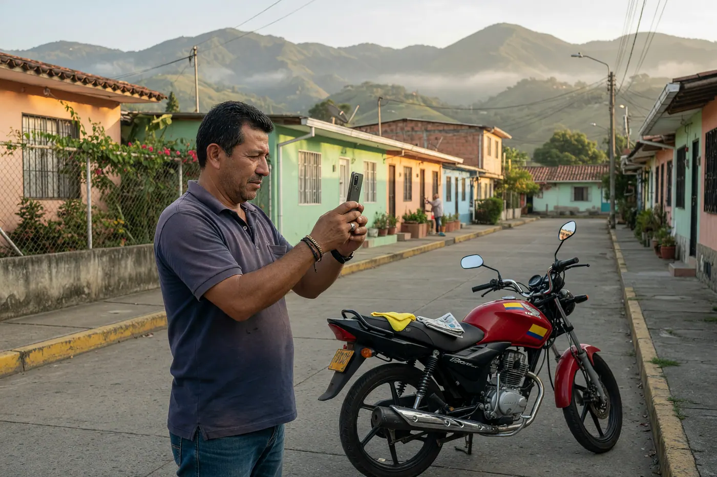 Vendedor colombiano fotografiando con su celular una moto usada limpia en la calle para publicarla en venta
