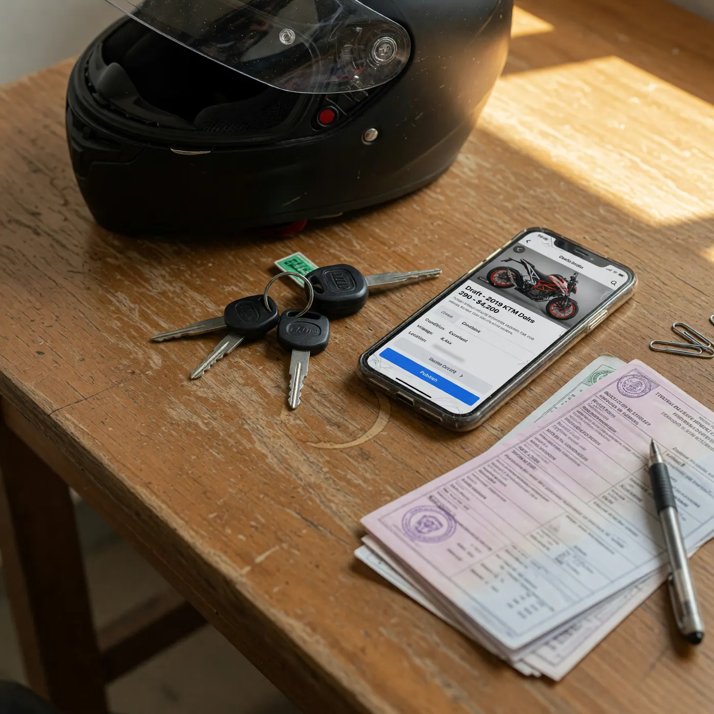 Vendedor preparando la publicación de su moto usada: casco, llaves y un celular con el borrador del anuncio sobre una mesa, con los documentos del vehículo boca abajo para no exponer datos personales