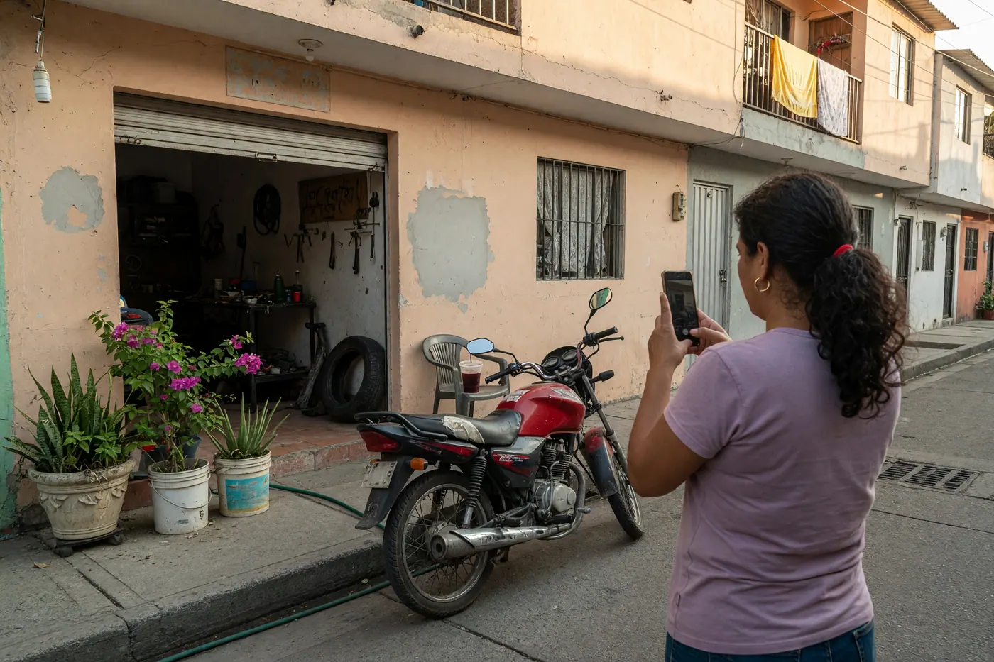 Moto usada mientras una vendedora toma fotos en una calle residencial colombiana.