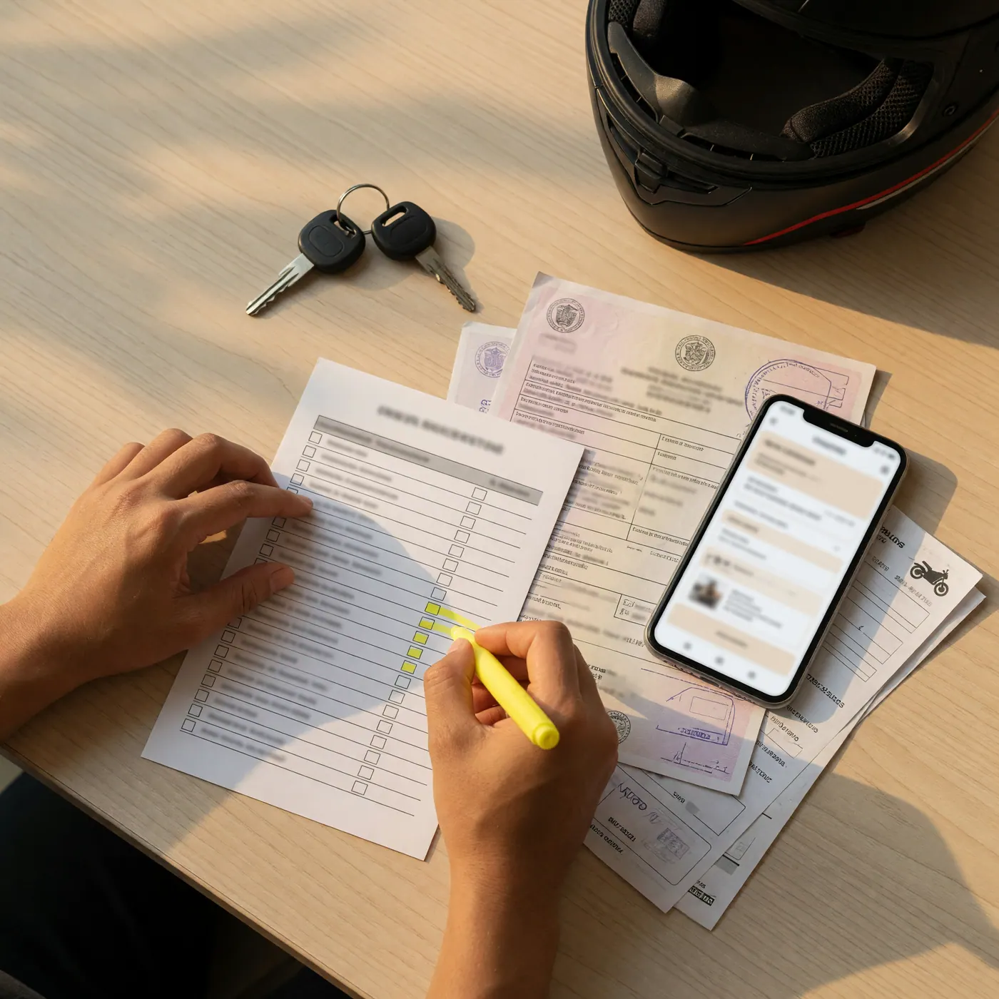 Manos organizando llaves, lista de chequeo, celular y documentos de una moto.